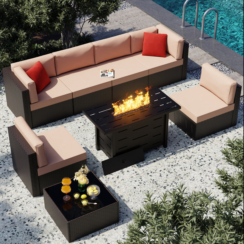 8-Piece Outdoor Rattan Patio Set with Fire Pit Table, Beige