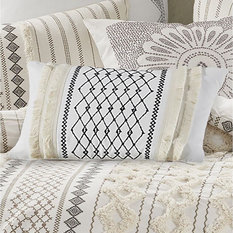 Ivory Geometric Embroidered Cotton Oblong Pillow with Tassels