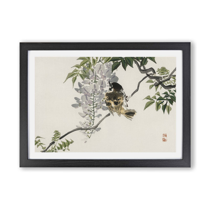 Sparrow On A Branch by Kono Bairei - Single Picture Frame Painting, 33cm H x 45cm W x 2cm D, Black
