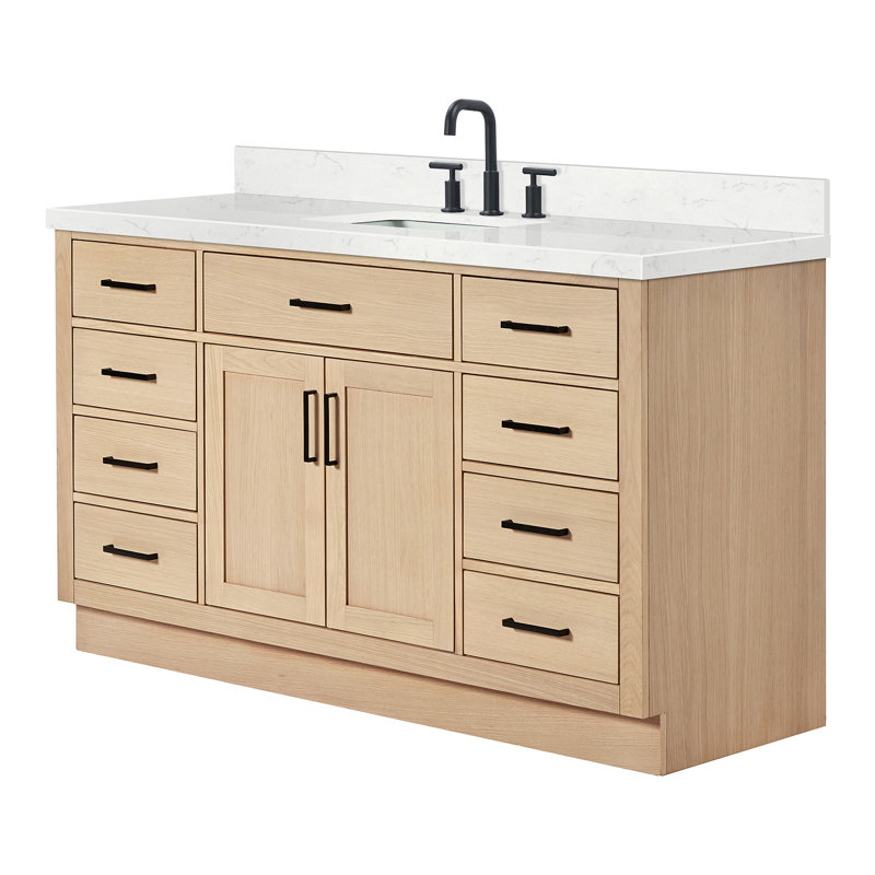 Ensemble de meuble-lavabo simple en bois massif avec plateau en quartz Carrara de 1,5 po Thornaby, Chêne naturel