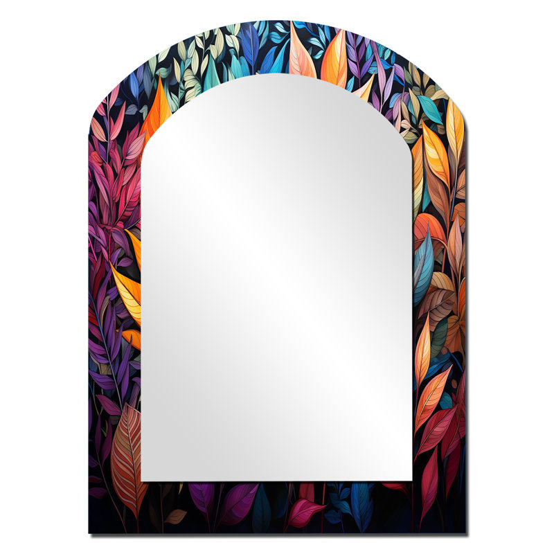 Multicolore vibrant feuillage - grand miroir mural asymétrique Botanicals, miroir arche moderne unique, impression d'art en métal