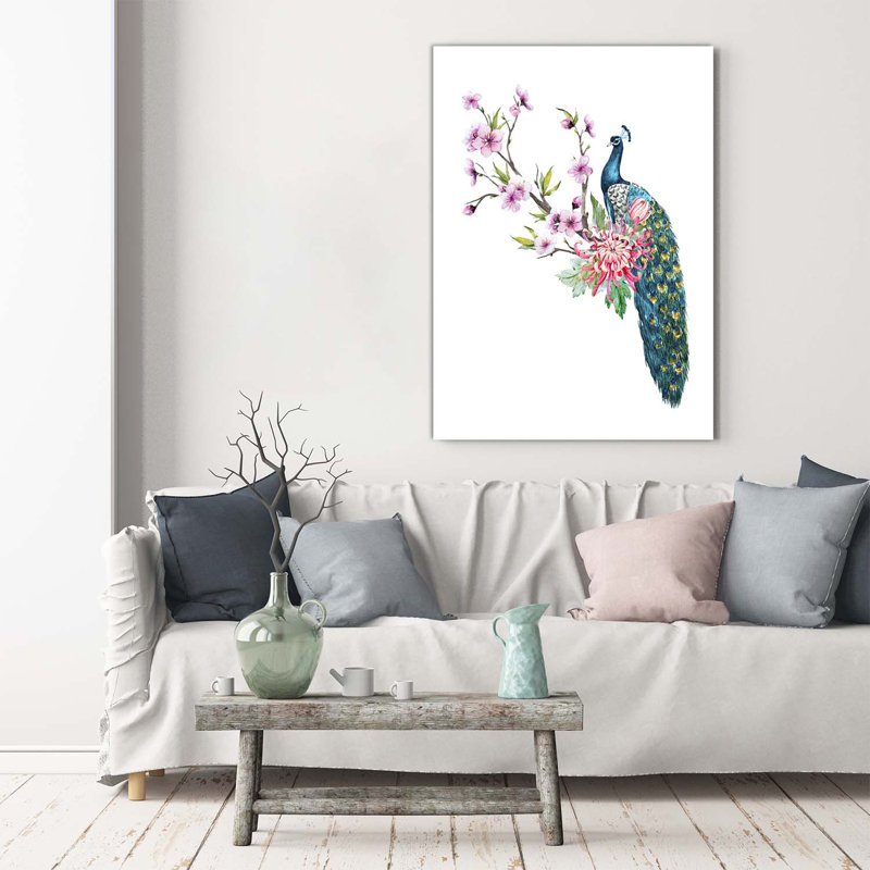Peacock And Flowers - Wrapped Canvas Print