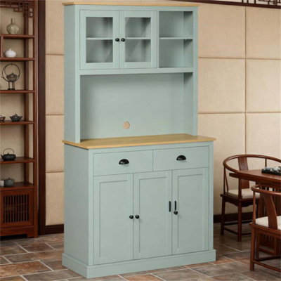 Light Blue Pantry Storage Cabinet Freestanding  Kitchen Buffet with Hutch with Drawers, Glass Doors, and Adjustable Shelves
