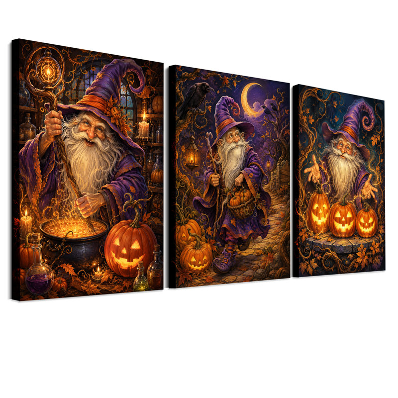 Magicien au chapeau violet lumineux, ensemble de 3 toiles murales pour l'Halloween, 30"H x 20"W x 3pcs