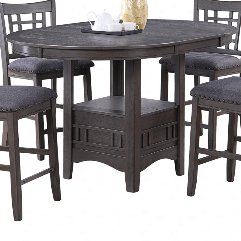 Dining Table Round Counter height Dining Table w Shelve 1pc Table Only Built In Leaf Solid wood Grey Finish