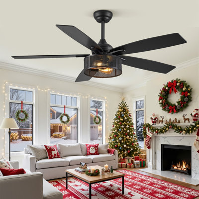  Cissline 52" Black Industrial Rustic Ceiling Fan with Light Kit and Remote Control, 5 Blades, Ideal for Living & Dining Rooms