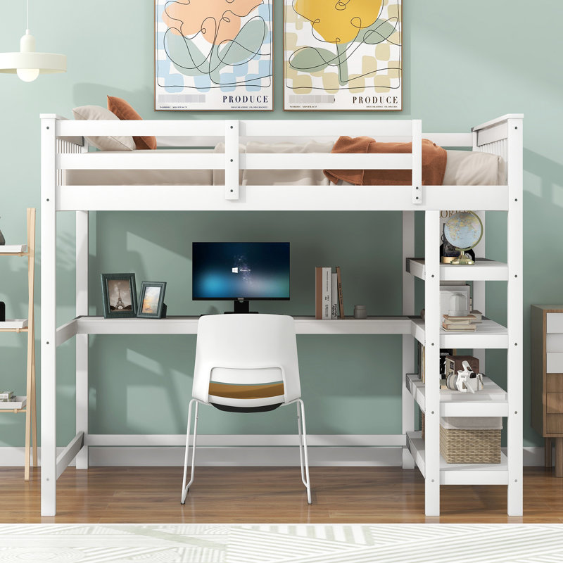 Lit mezzanine double Space avec bureau blanc et tablettes de rangement - aspect classique, Lit double, Blanc