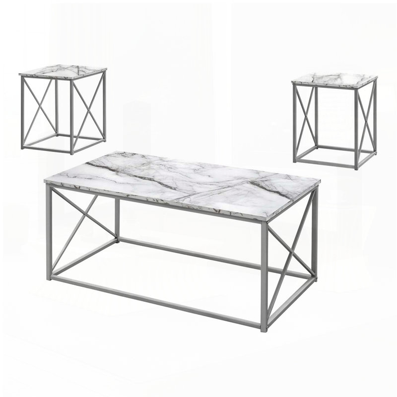 3-Piece Coffee and End Table Set Marble-Look, Silver, White