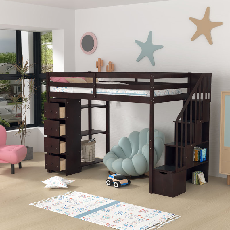 Gerld Kids Twin Loft Bed with Drawers, Espresso