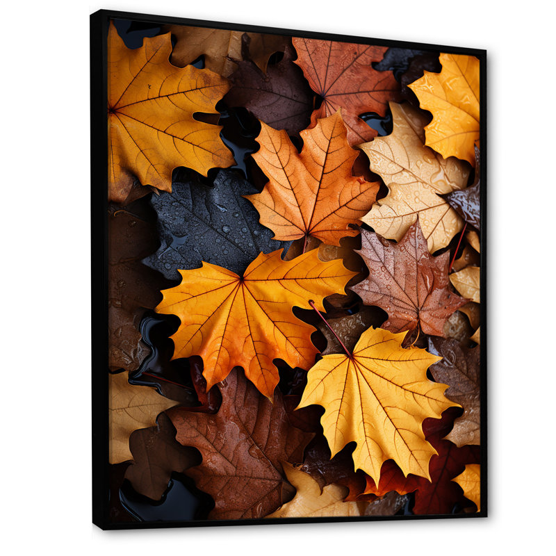 «Yellow and Orange Autumn Mapple Leaves 1» - art mural feuilles, Cadre flottant noir, H 40 po x l 30 po x P 1,5 po