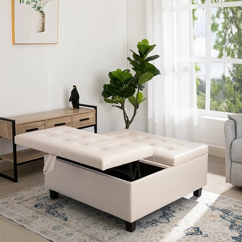 Ciara 35.43" Wide Button Tufted Square Storage Ottoman Upholstered Lift Top Large Ottoman Coffee Table, Cream Faux Leather