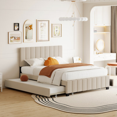 Grand lit plateforme tapissier en velours avec 2 tiroirs et 1 lit gigogne simple TG - beige