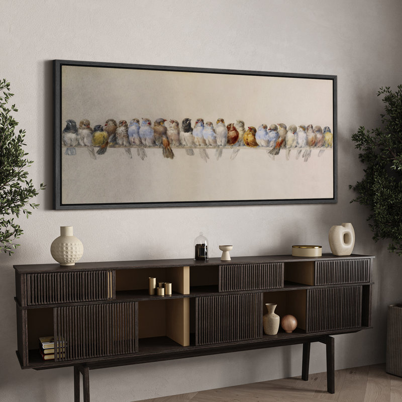 "Animals Row Of Birds On Perch", reproduction d'art sur toile, H 30 po x l 60 po, Noir, noir, noir, noir