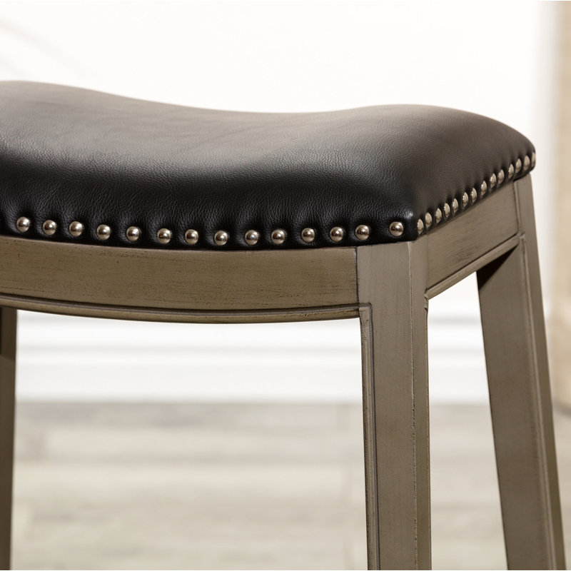 Tabouret à hauteur de comptoir 24 po, finition gris patiné, siège en cuir noir, Siège noir / cadre gris patiné