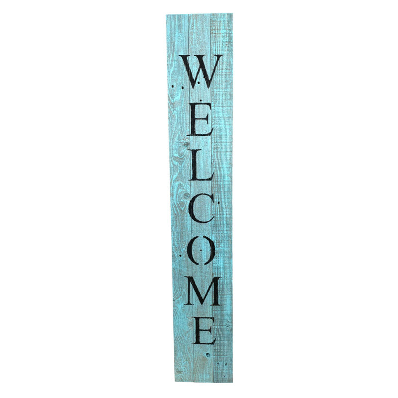5' Rustic Wood Porch Welcome Sign, Light Aqua Blue/Black