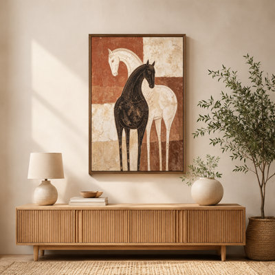 Tableau sur toile à motifs pointillés de chevaux noirs et blancs, panneaux couleur terre cuite, avec cadre flottant, prêt à accrocher.