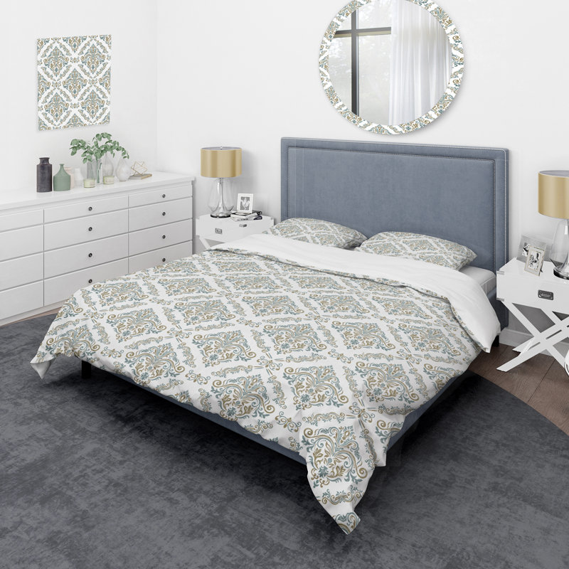 Gris et blanc damassé - ensemble de housse de couette abstrait - microfibre de polyester