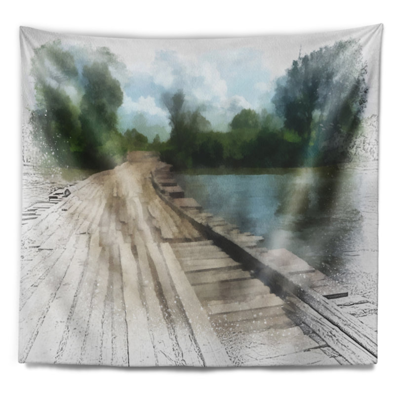 Pont sur une cascade dans une tapisserie forestière, H 32 po x l 39 po