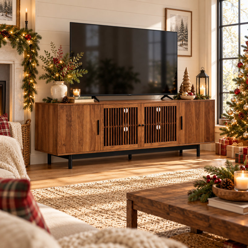 Meuble TV Panora de 78 pouces pour téléviseurs de 85 pouces, console multimédia avec portes à lattes et gestion des câbles