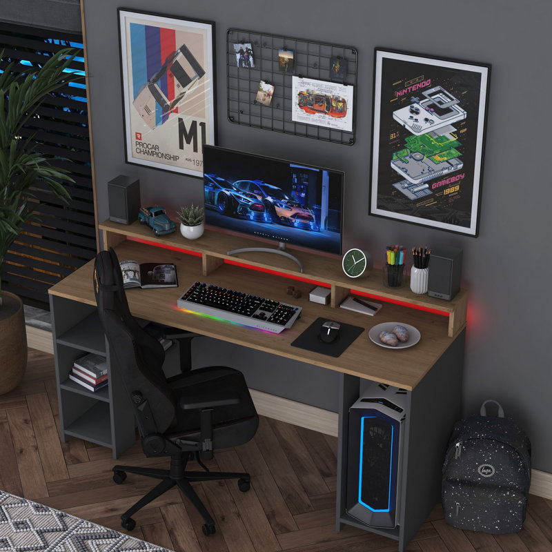 Bureau d'étude moderne, noyer et anthracite, 63,0 po x 35,2 po x 21,7 po | Panneau de particules 100% mélamine de qualité E1, épaisseur: 0,7 pouce | Conception élégante et fonctionnelle pour le bureau personnel, facile à nettoyer et durable