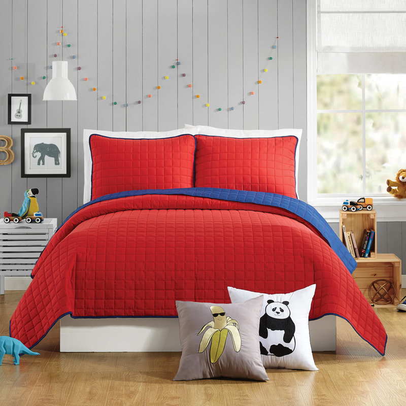 Ayer Solid Red & Blue Microfiber Reversible Kids & Teens Quilt Set, Full/Queen Quilt + 2 Standard Shams