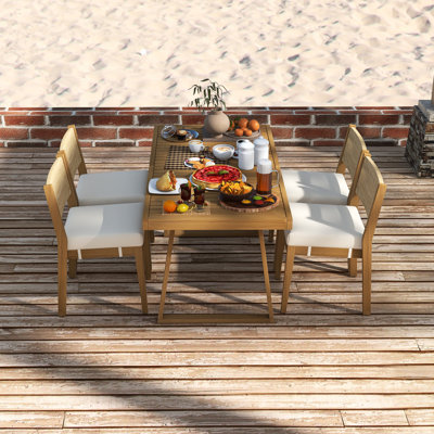 Ensemble 5 pièces de table de salle à manger et de chaises multi-personnes en bois d'acacia, coussins épais de grande capacité, convient au balcon, à la cour et au jardin