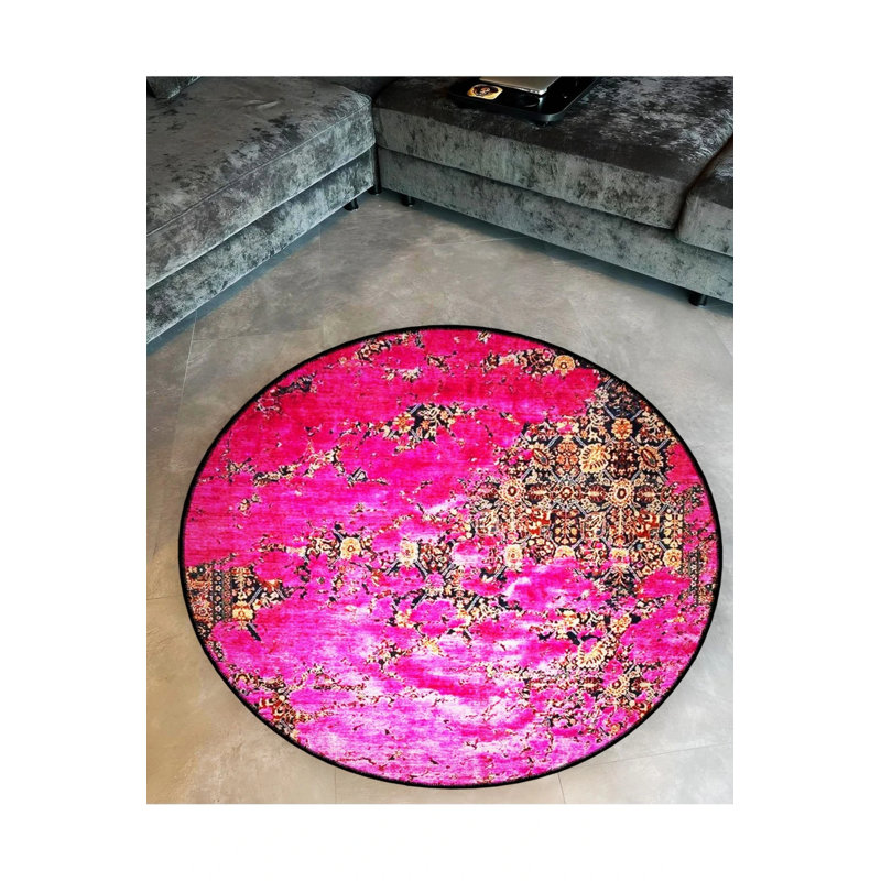 Pink Themed Motif Abstract Patterned Round Woven Base Vintage Decorative Carpet, Round 4'