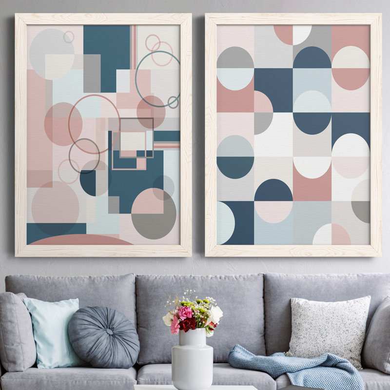 Modern Geo - ensemble de 2 peintures sur toile encadrées, H 31,5 po x l 47 po x P 1,5 po, Toile blanche encadrée