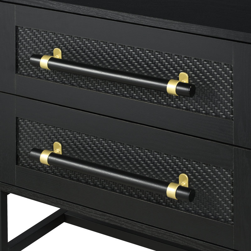 Hopper Studio Sophia 2-Drawer Nightstand in Matte Black with Textured Front, Oversized Pulls, and Sleek Black Metal Base