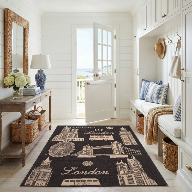 Tapis géométrique noir / beige Leffel, Rectangle 5 pi 3 po x 7 pi 7 po