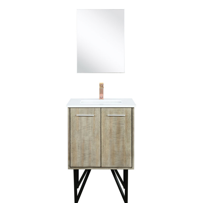 24 po W, meuble-lavabo rustique blanc, comptoir en quartz blanc, robinet simple de contrôle en or rose et meuble-lavabo de 18 miroirs avec comptoir, arrondi