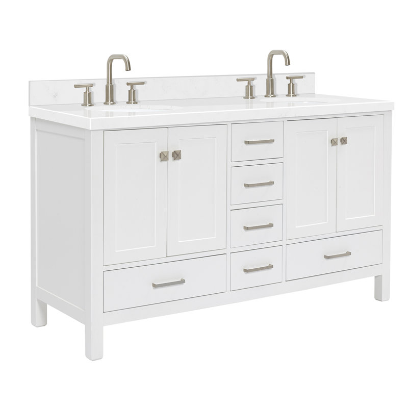 Ensemble de meuble-lavabo double 60 po , Oval, Blanc / nickel brossé