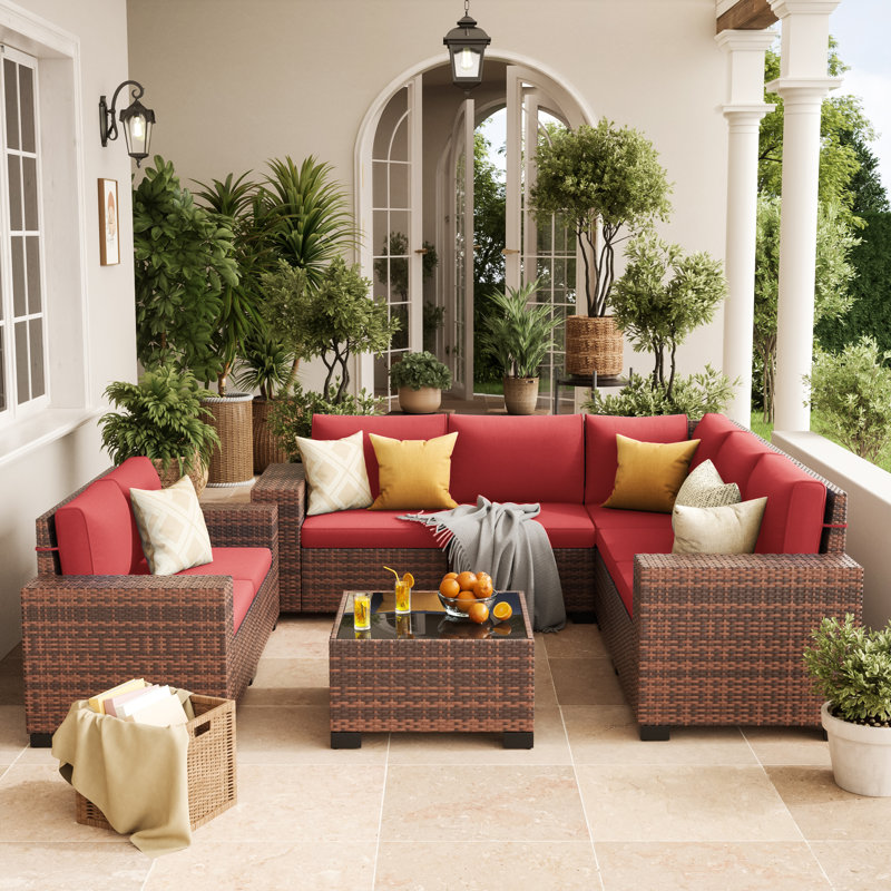 7 - Person Outdoor Rattan Sectional Seating Group With Cushions, Red, Brown