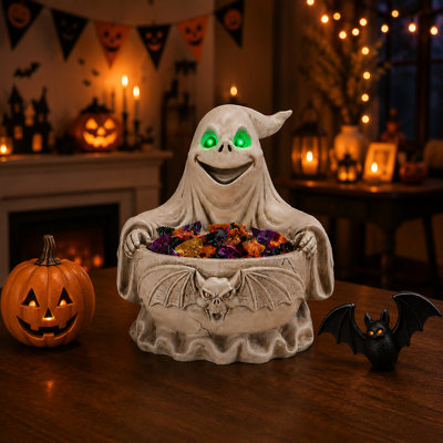 Figurine fantôme d'Halloween pour bol de rangement, 22 cm, résine, 1 pièce, bonbonnière, verte, lumières DEL intégrées