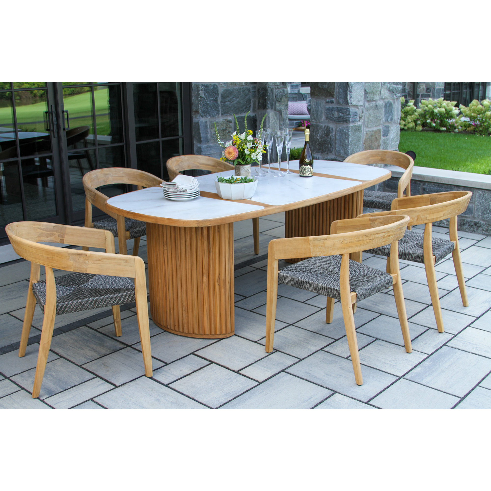 Estate 7 Pc. Teak & Wicker Oval Dining Set With Orobico Stone Top, Gray/Natural, White