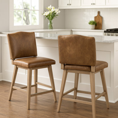 Counter Height Swivel Bar Stools with Back, Set of 2,  Faux Leather Upholstered Bar Chairs with Solid Wood Legs, Mid Century Modern Barstools for Kitchen Island, Dining Room