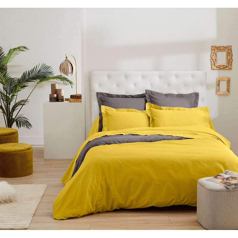 Hazelann Satin Solid Colour Duvet Cover with Pillowcases, Yellow, 220 x 240cm Duvet Cover
