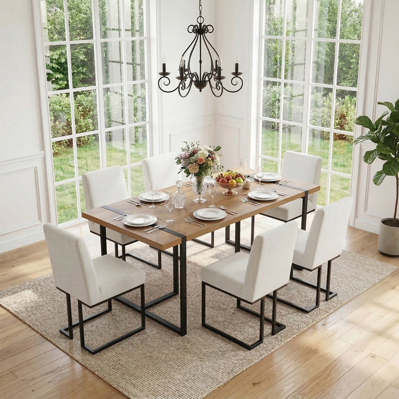 7-Piece Modern Rectangular Dining Table Set For 6 With Upholstered Dining Chairs, Cream