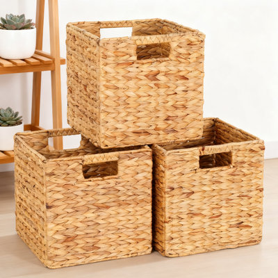 Natural Water Hyacinth Storage Baskets Set Of 3, Handwoven Woven Wicker Bins With Handles For Home Organization, Cube Baskets For Shelves