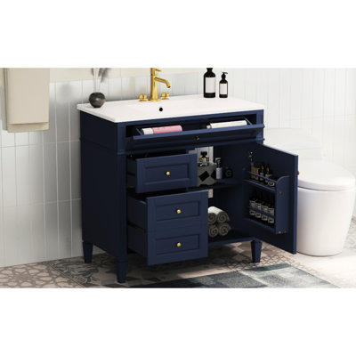 Meuble-lavabo de salle de bain avec lavabo supérieur en céramique, armoire bleue 2 tiroirs 36 po et grand espace de rangement, meuble-lavabo de style avant-gardiste, tablettes fonctionnelles, Modern Grace