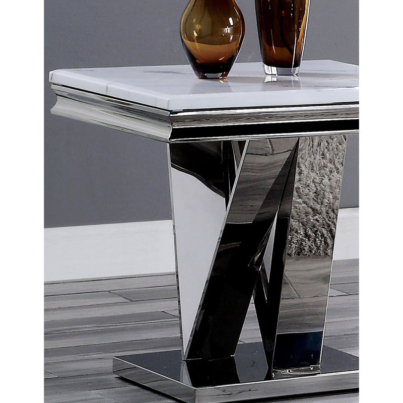 Table de bout moderne 1Pc avec motif, faux marbre 18 mm sur le dessus, piédestal en acier inoxydable de style V et base rectangulaire en forme de biseau