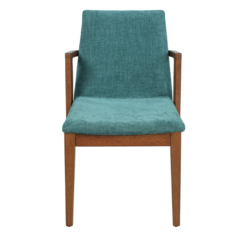 Ensemble de 2 chaises de salle à manger de style Mid-Century moderne avec accoudoirs rembourrés en tissu vert avec structure en bois d'hévéa couleur noyer, capacité de 250 lb pour la cuisine et la salle à manger