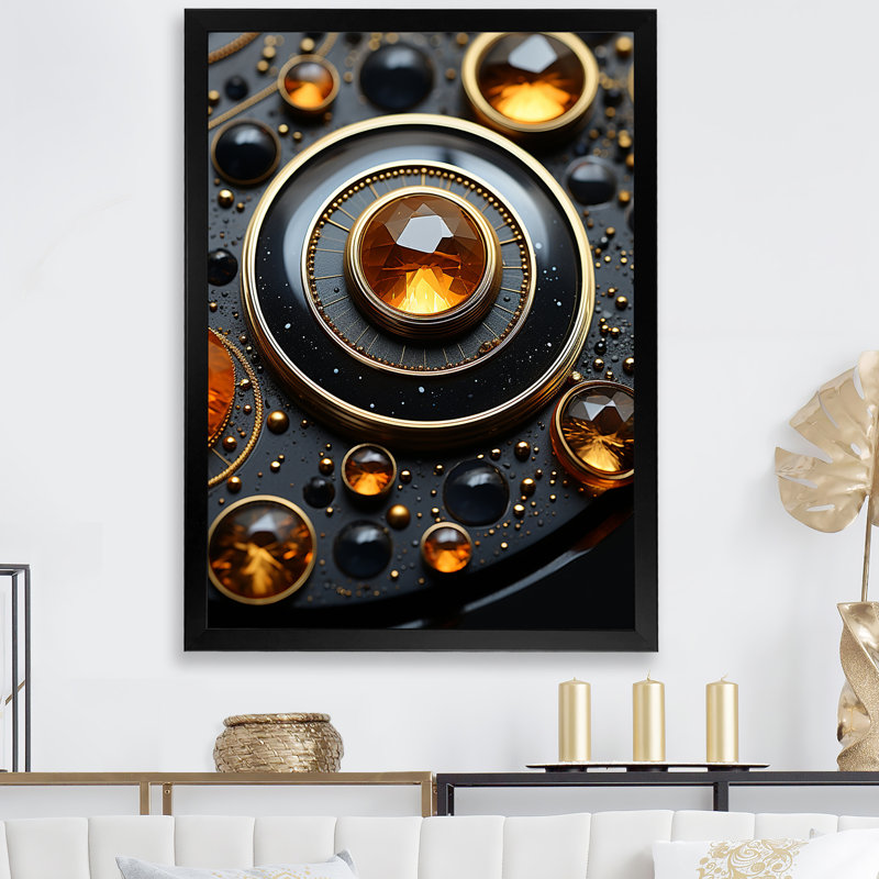 Citrine noire et orange Sunburst Geode II - pierre géode, art mural, Cadre simple noir, H 32 po x l 16 po x P 1 po