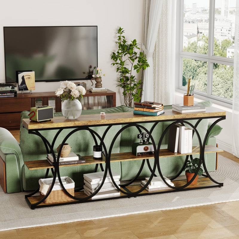 Farmhouse 3-Tier Narrow Console Table for Entryway, Living Room, or Hallway – Wooden Shelves, Geometric Metal Legs, Vintage Style, Space-Saving Accent – Vintage Brown