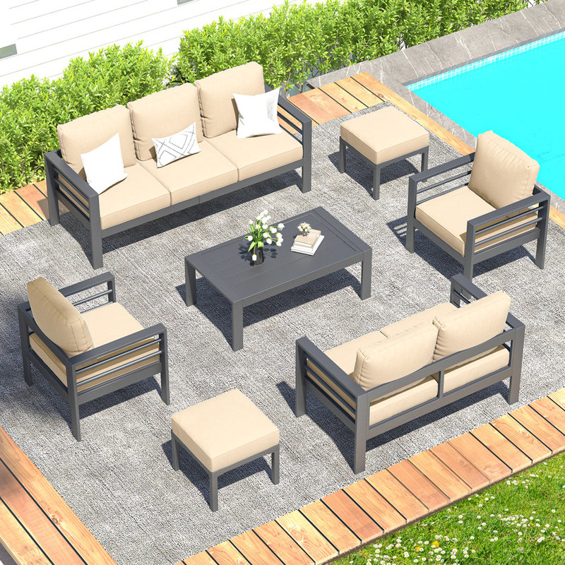 Charlsa Power Coated Aluminium 9 - Person Seating Group with Cushions, Black, Beige