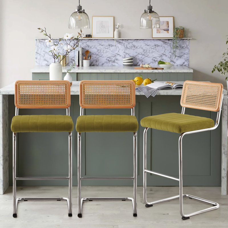 Oliver Green Velvet Upholstered Bar Stools with Silver Metal Frame