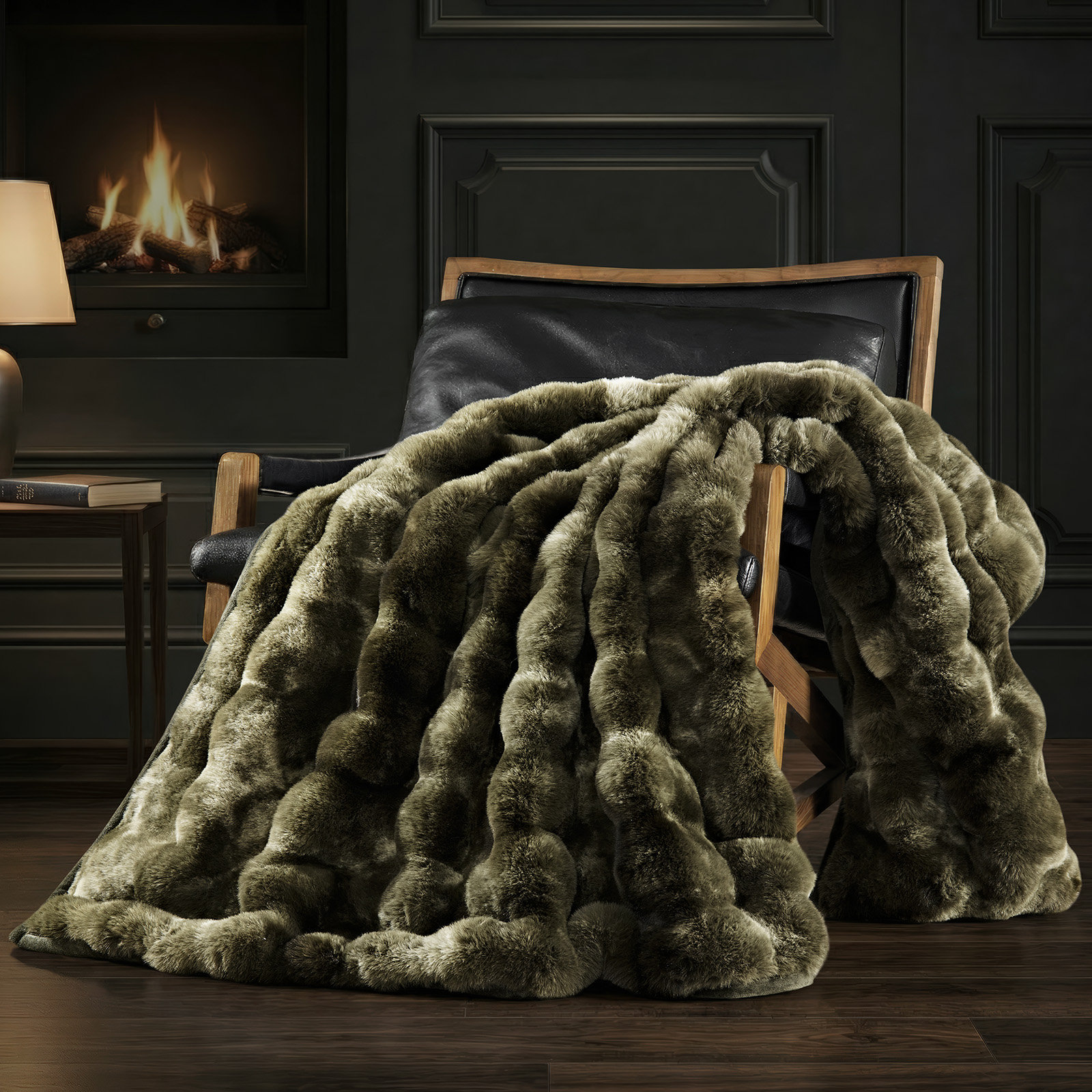 Faux Fur Weighted Throw Blanket, 60" L x 50" W, Olive Marble
