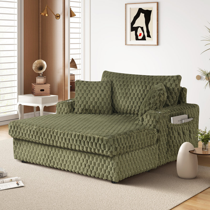  Chaise longue 58 po, canapé-lit moelleux avec 2 coussins pour le salon, velours côtelé, vert