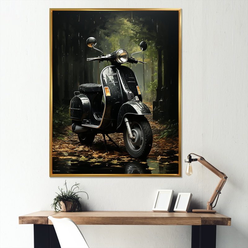 Sentier forestier et scooters sur toile, 44" H x 34" W, Gold Picture Framed
