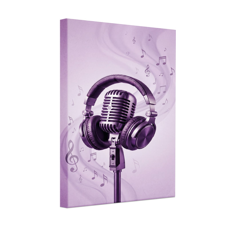 Ensemble de 1 tableau sur toile représentant un microphone et un casque violets avec des notes de musique, H 48 po x l 32 po